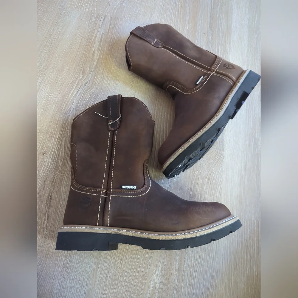 SUREWAY Men's Waterproof Soft Toe Wellington Work Boot BRWN LEATHER Sz9.5